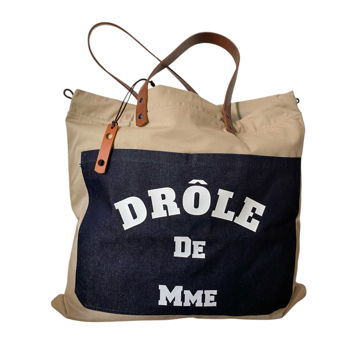 Sac cabas weekender « Drôle de Mme » en toile beige, anses en cuir – vue 2