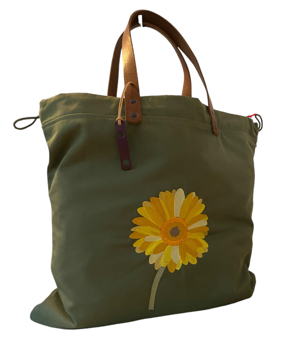 Sac cabas weekender brodé à la main « Flower Jaune » en toile kaki, anses en cuir – vue 2