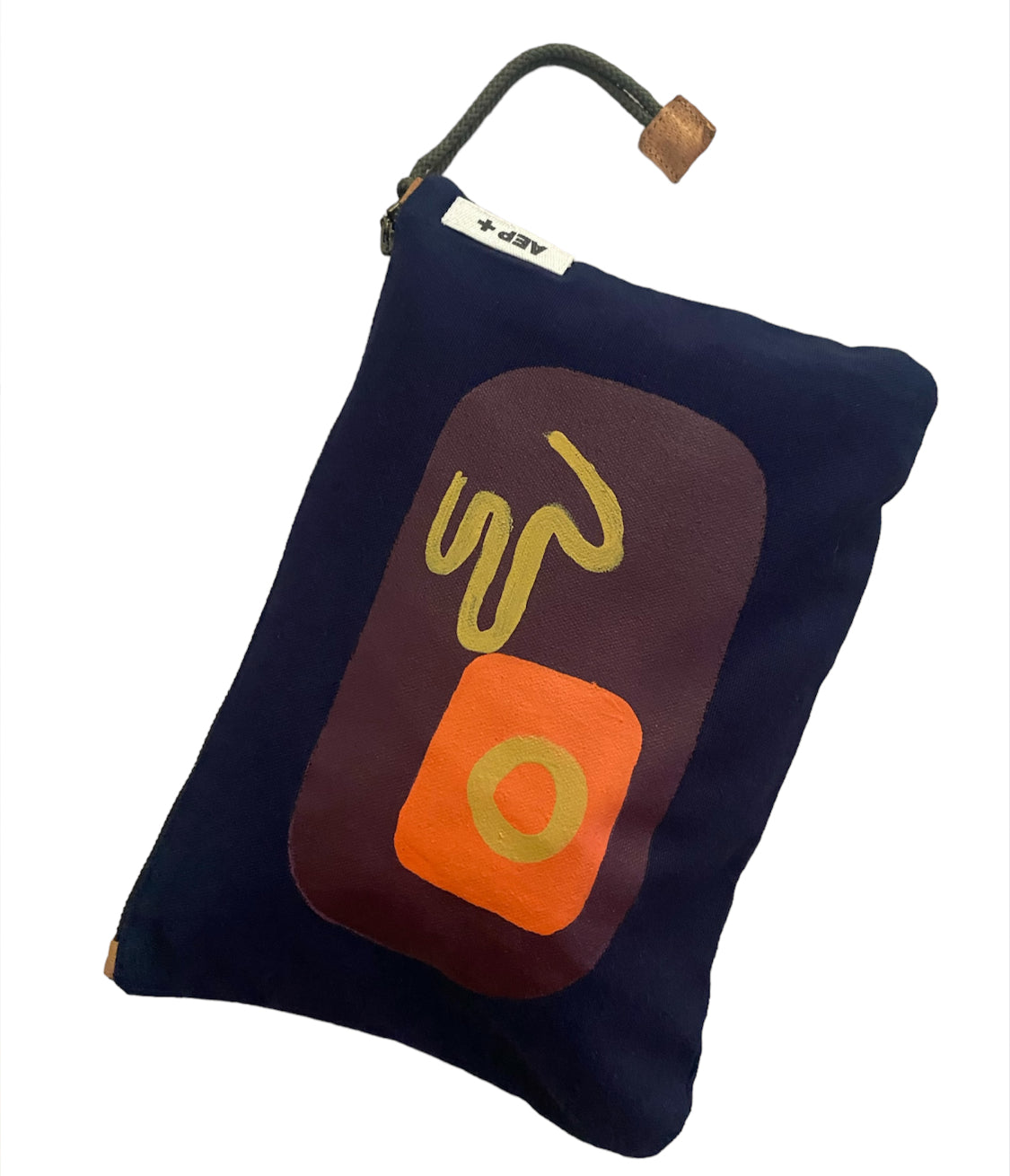Pochette zippée peinte à la main par Laurence de Konrad en toile bleu marine – fait main à Aix-en-Provence