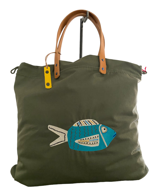 CABAS BRODERIE POISSON BOZO TURQUOISE