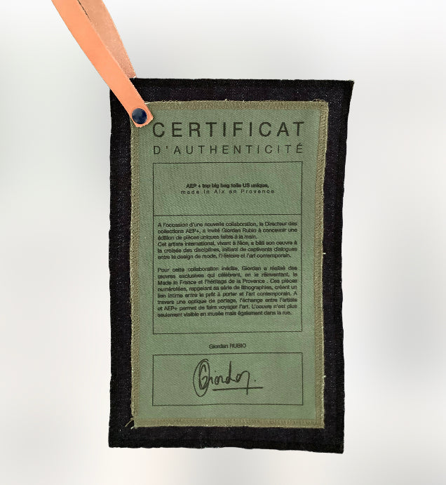 Certificat d'authenticité numéroté et signé par Giordan Rubio – sac AEP+ fait main