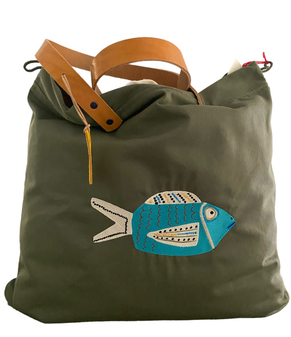 CABAS BRODERIE POISSON BOZO TURQUOISE