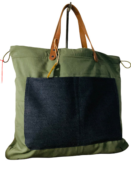 Sac cabas weekender brodé à la main « Flower Jaune » en toile kaki, anses en cuir – vue 4