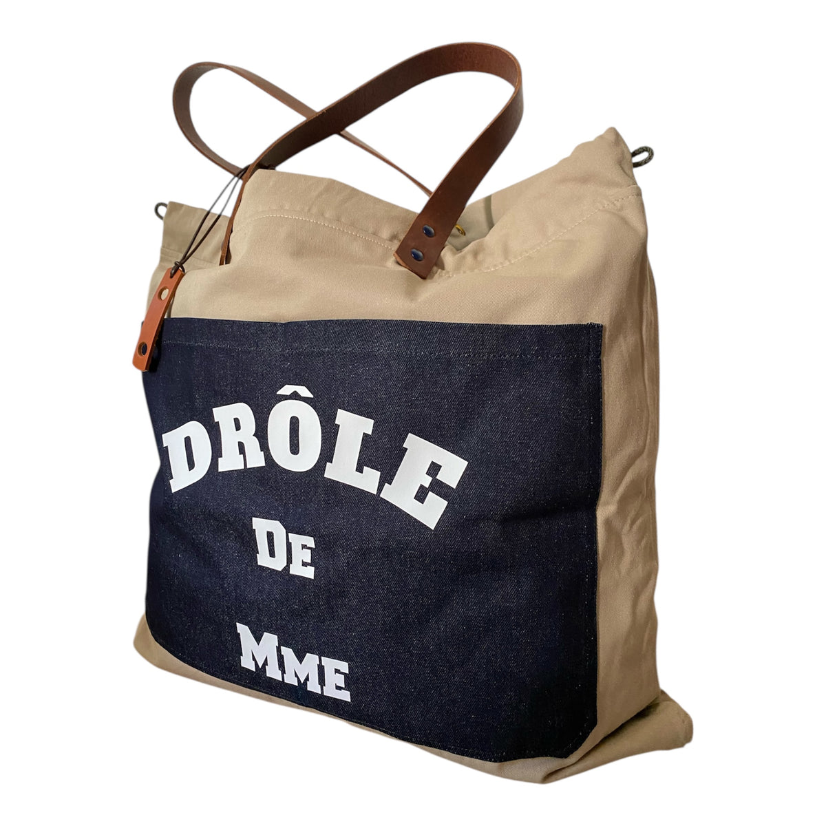 Sac cabas weekender « Drôle de Mme » en toile beige, anses en cuir – fait main à Aix-en-Provence