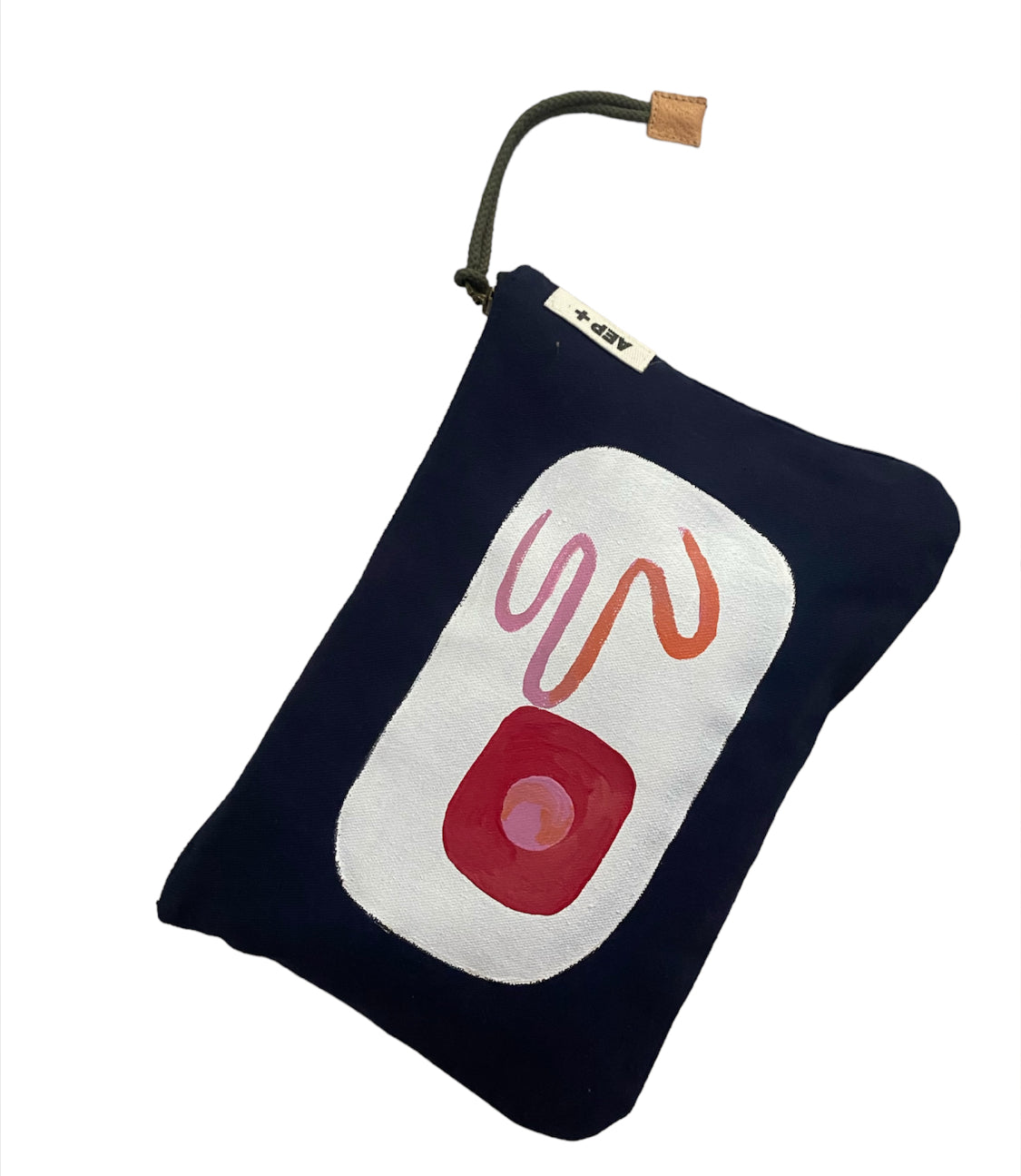 Pochette zippée peinte à la main par Laurence de Konrad en toile bleu marine – fait main à Aix-en-Provence