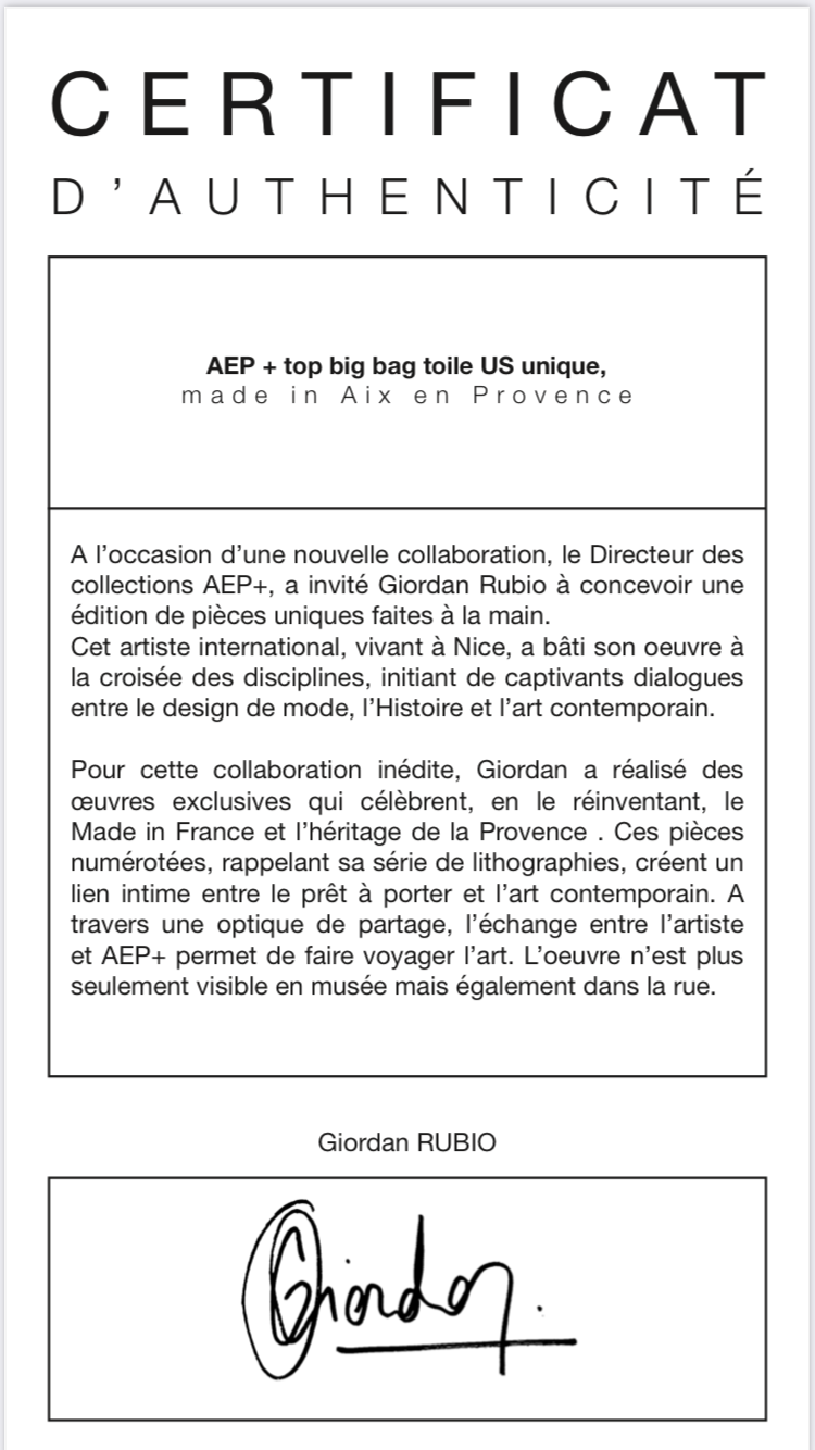 Certificat d'authenticité numéroté et signé par Giordan Rubio – sac AEP+ fait main