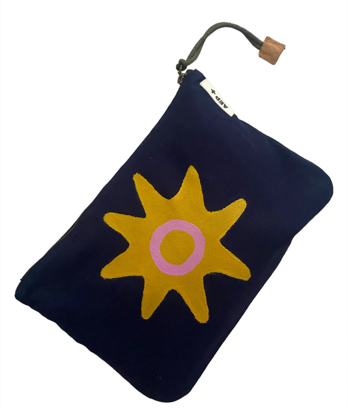 Pochette zippée peinte à la main par Laurence de Konrad en toile bleu marine – fait main à Aix-en-Provence