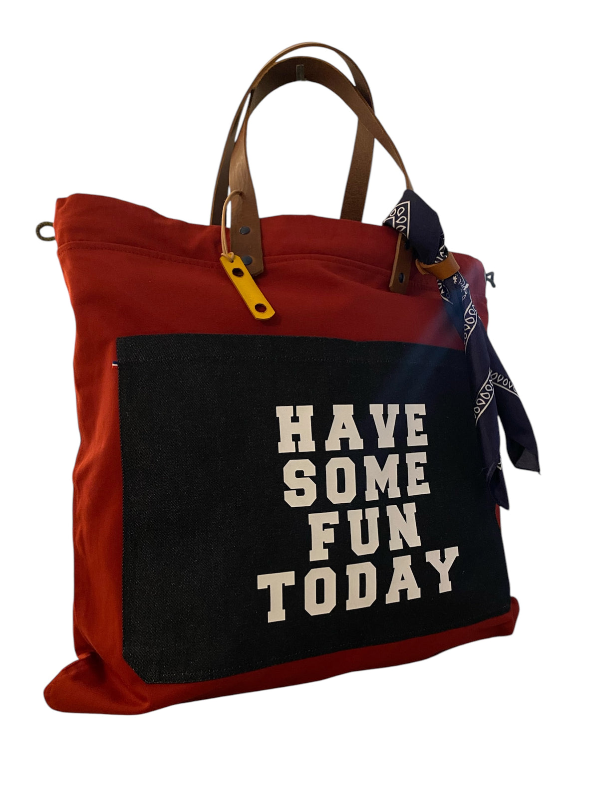 Sac cabas weekender « Have Some Fun Today » en toile rouge, anses en cuir – vue 2