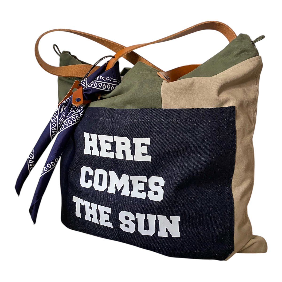 Sac cabas weekender « Here Comes the Sun » en toile kaki, anses en cuir – vue 3