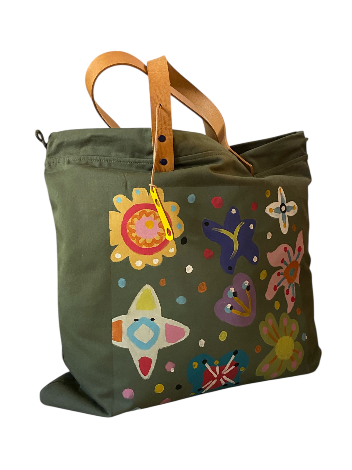 Sac cabas weekender peint à la main par Laurence de Konrad, anses en cuir – vue 2