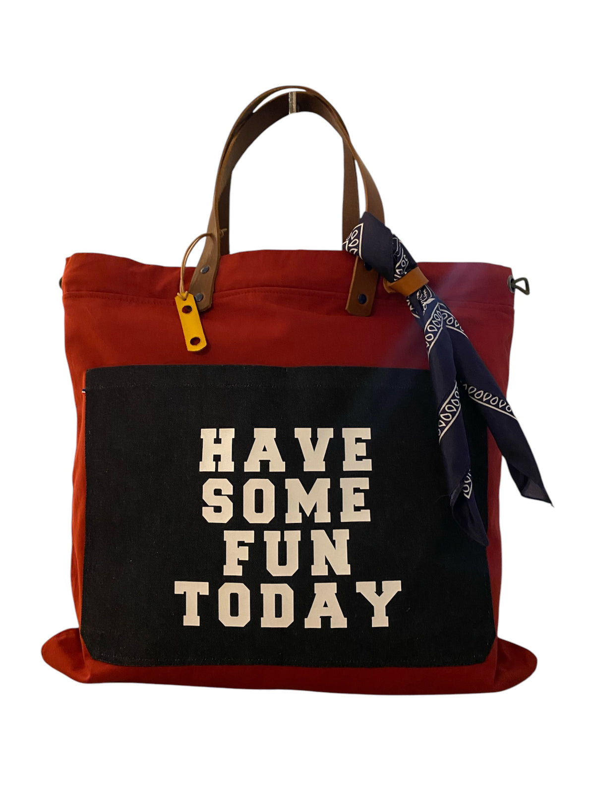 Sac cabas weekender « Have Some Fun Today » en toile rouge, anses en cuir – vue 3