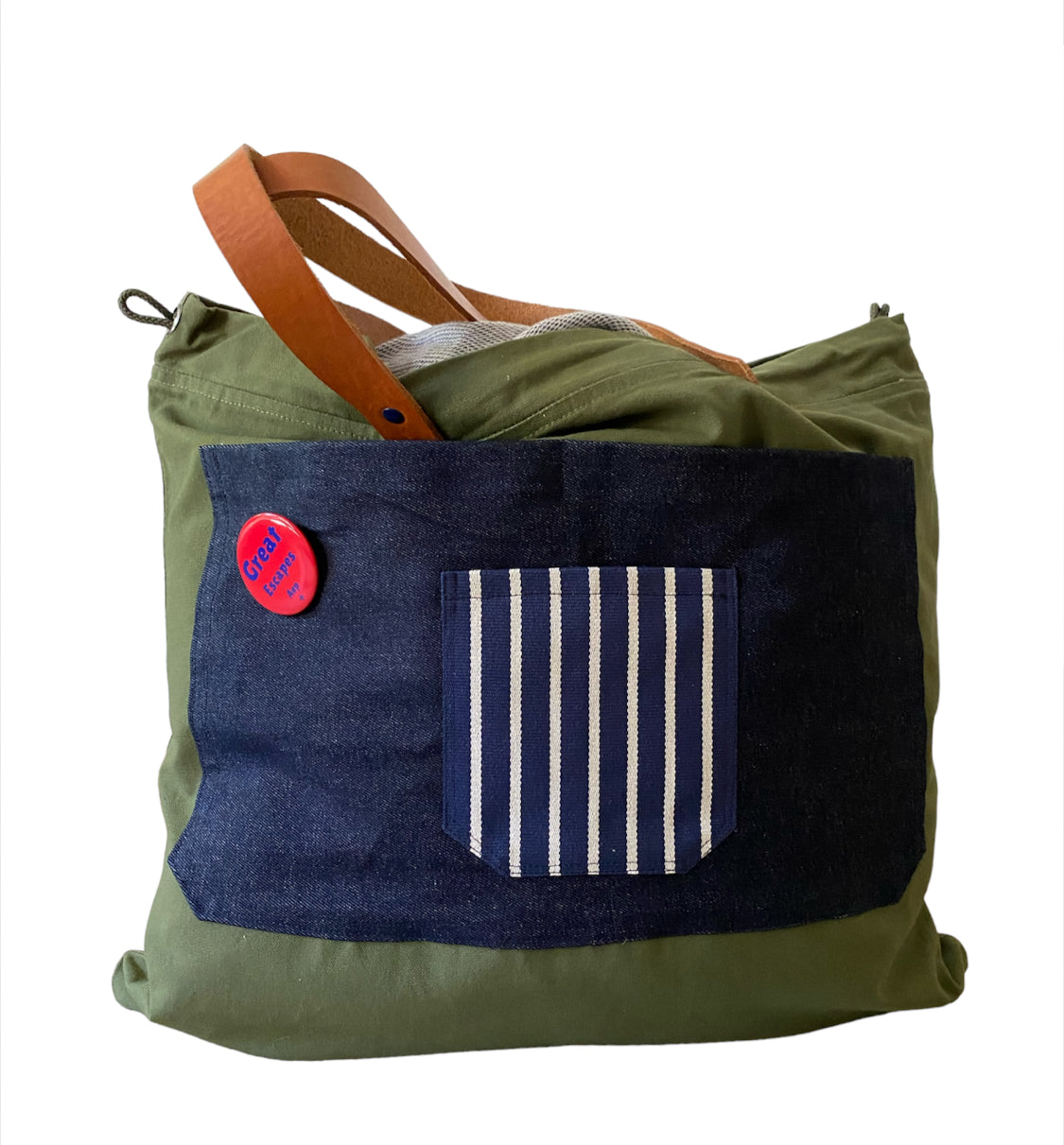 Sac cabas weekender en toile kaki, anses en cuir – fait main à Aix-en-Provence