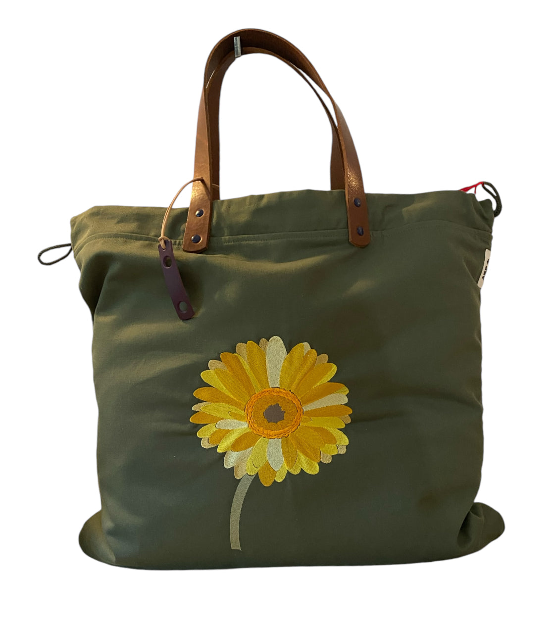 Sac cabas weekender brodé à la main « Flower Jaune » en toile kaki, anses en cuir – vue 3