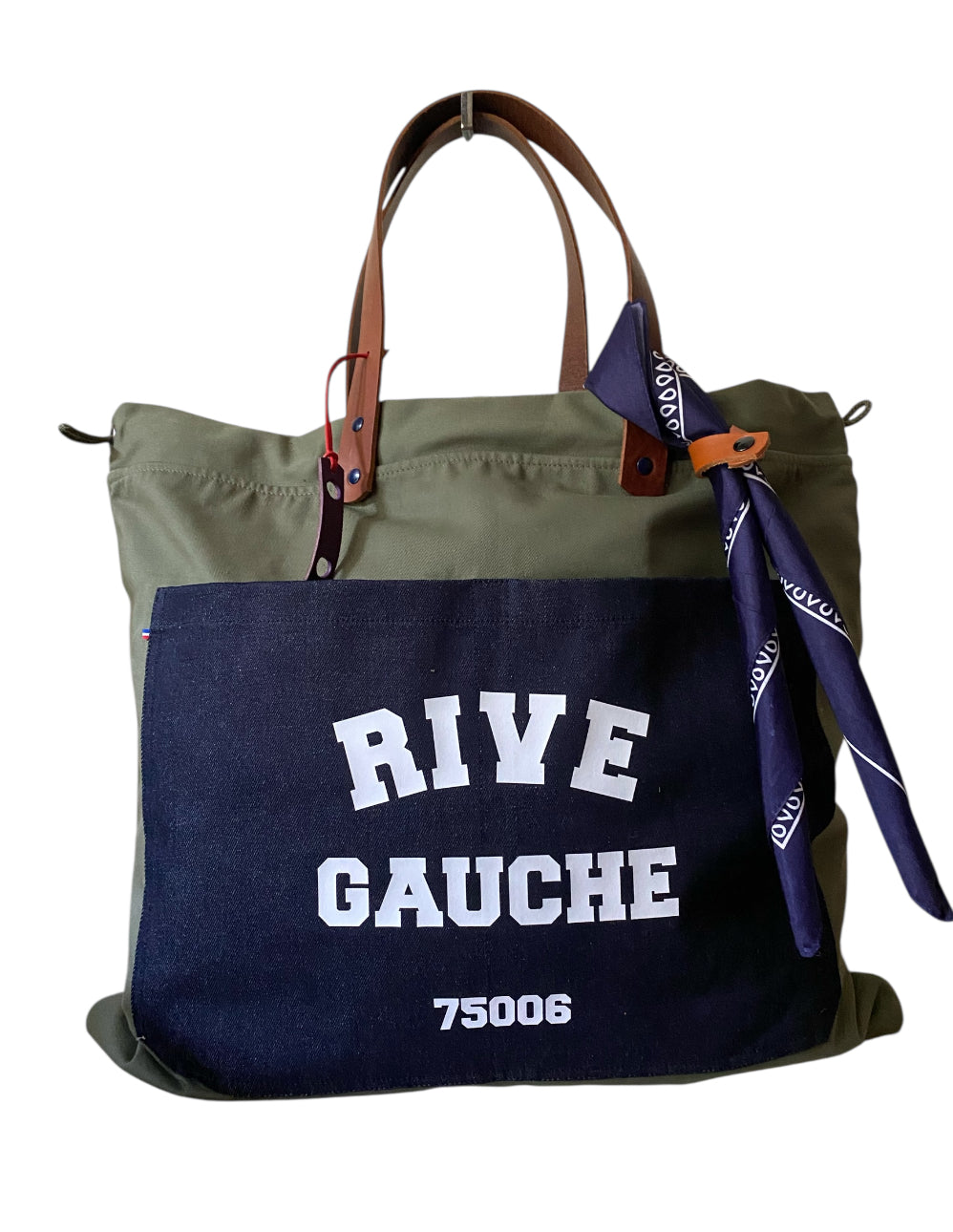 Sac cabas weekender « Rive Gauche » en toile kaki, anses en cuir – fait main à Aix-en-Provence