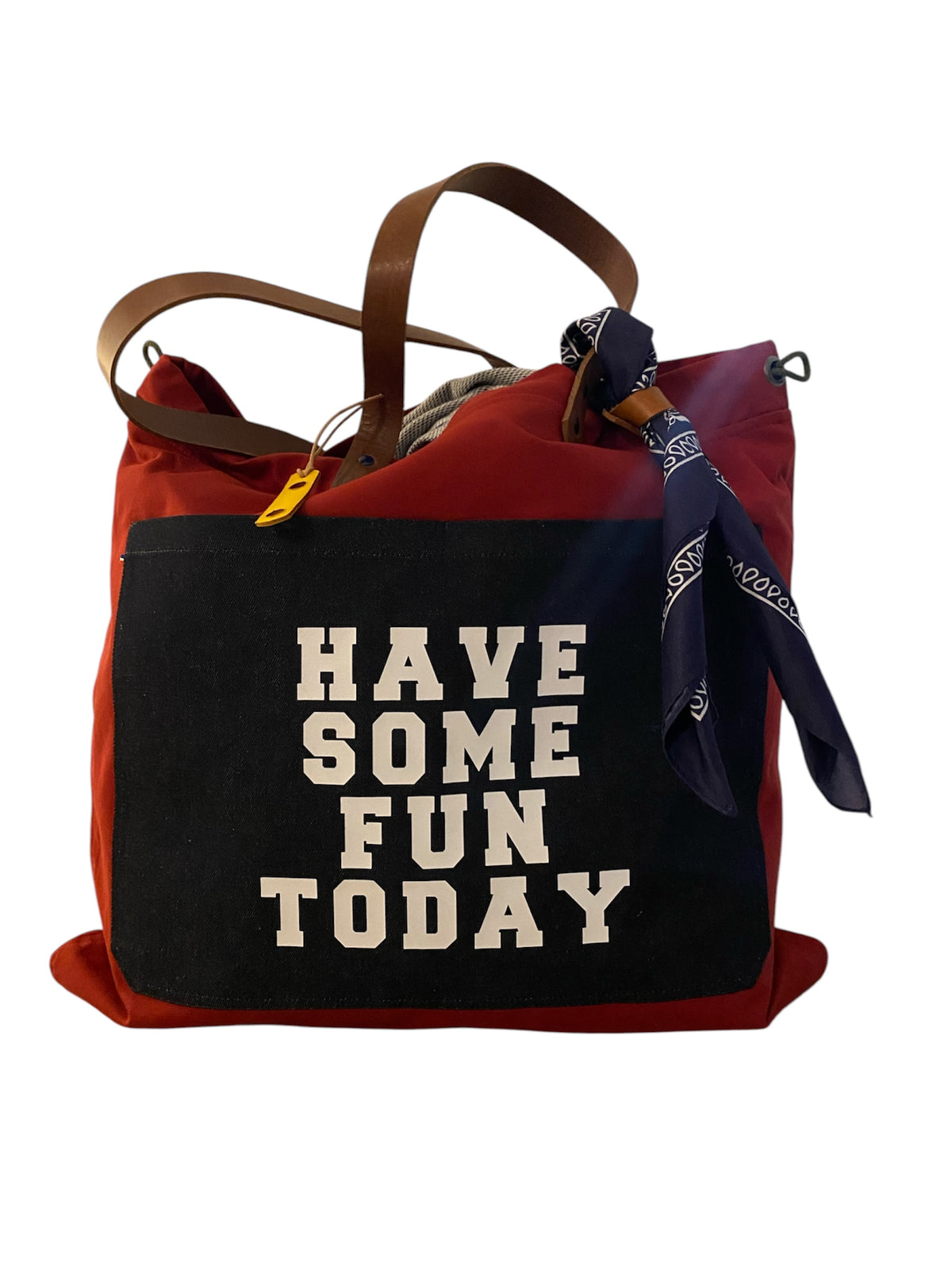 Sac cabas weekender « Have Some Fun Today » en toile rouge, anses en cuir – fait main à Aix-en-Provence